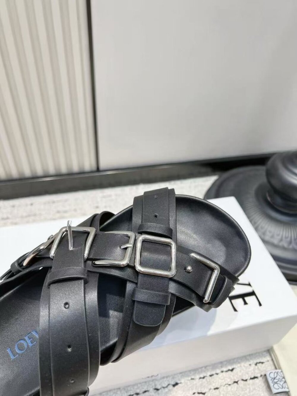 Loewe Black Leather Multi‑Strap Crisscross Buckle Slide Sandals - Picture 9 of 9